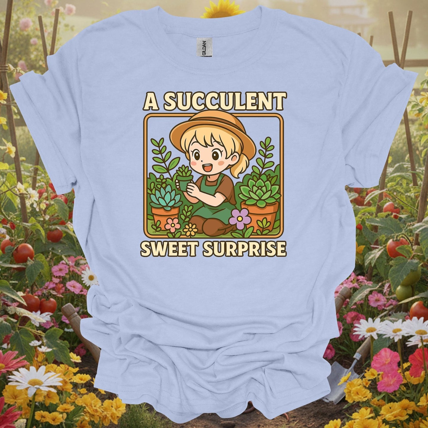 Light Blue shirt with an anime girl plant theme making a perfect gift T-shirt for any dedicated grower or enthusiast.