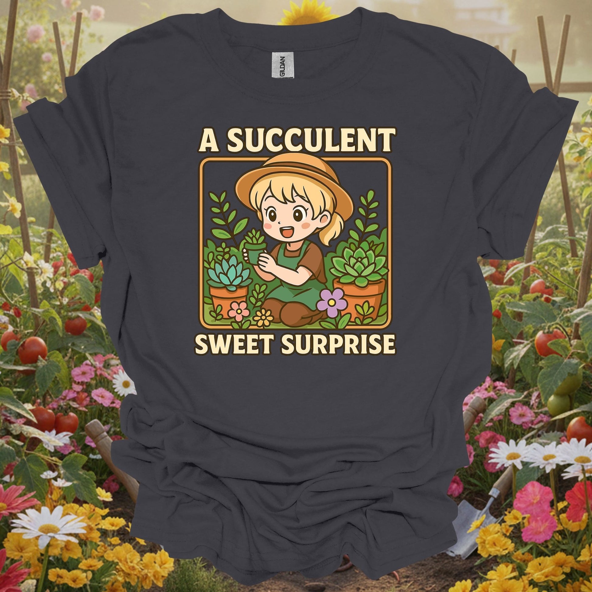 Charcoal tee featuring a succulent surprise design that celebrates the joy of finding new growth in your backyard sanctuary.