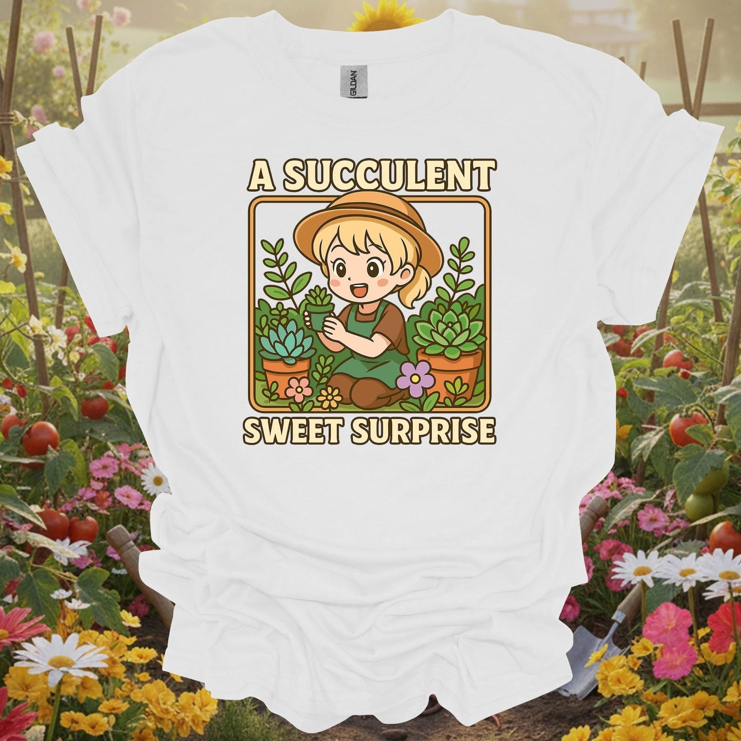 White shirt featuring a nostalgic succulent design on a classic tee for anyone who finds peace in their garden beds.