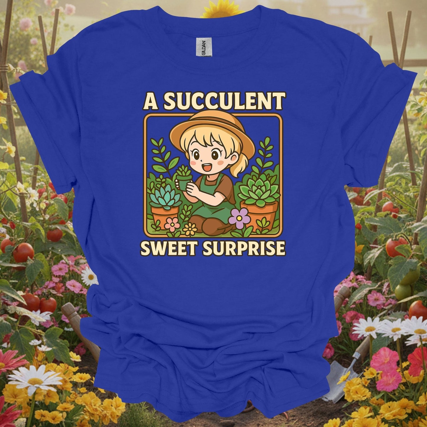 Royal apparel displaying a girl and her succulents on a casual gardening tee for those who enjoy a spirited sanctuary.