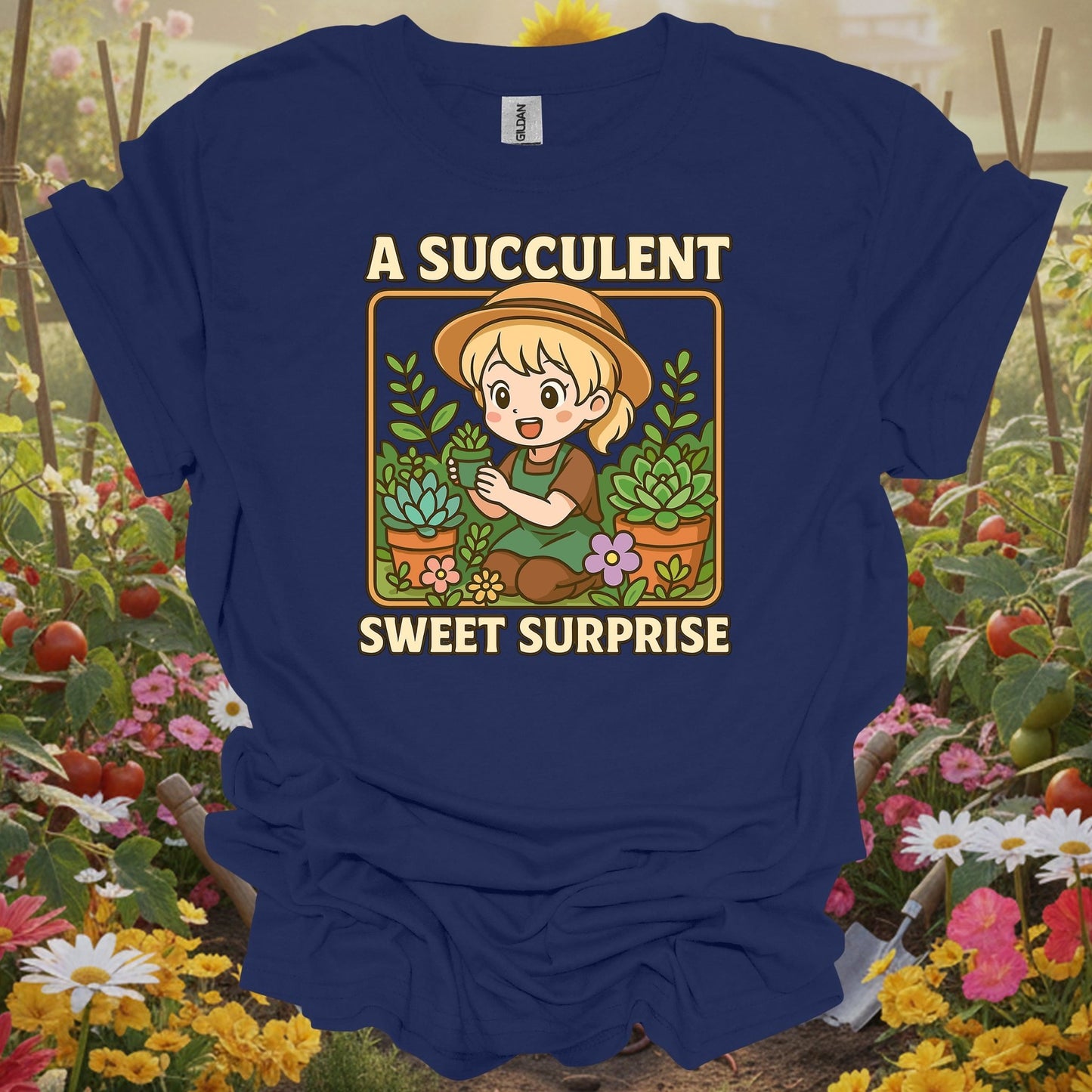 Navy top with a retro storybook garden graphic that captures a playful and mindful homesteading vibe for any grower.