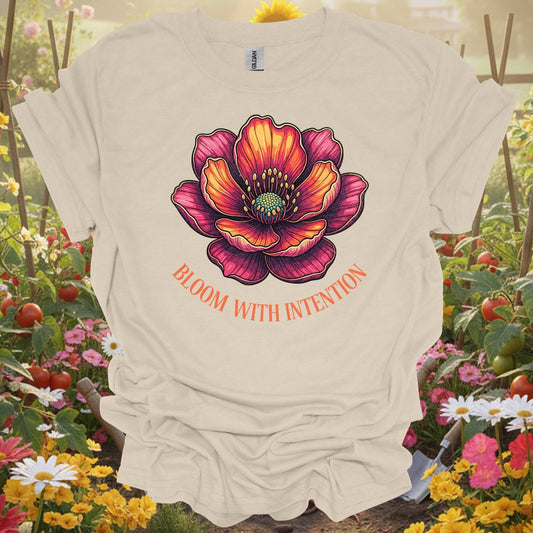 Aesthetic Botanical Mindful Growth Distressed "Bloom With Intention" Vibrant Flower T-Shirt - GardeningTshirts