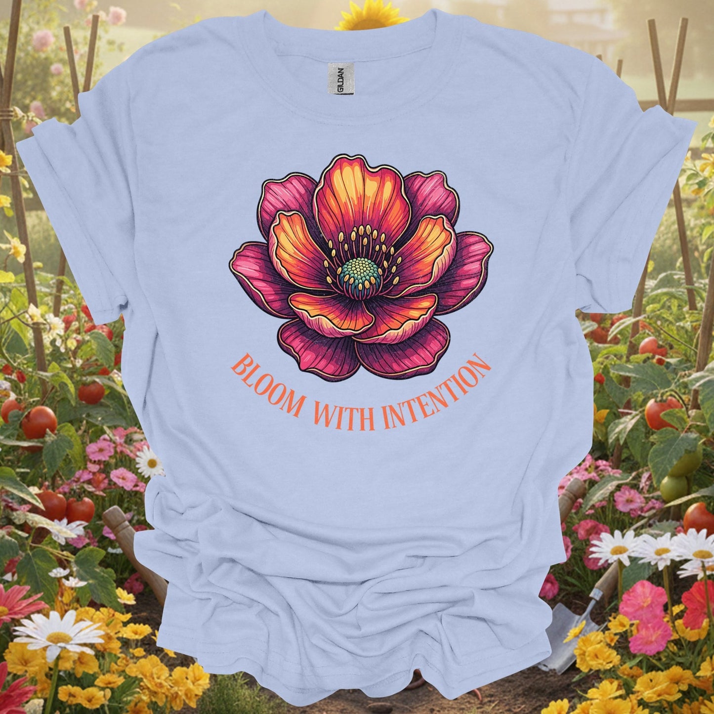 Aesthetic Botanical Mindful Growth Distressed "Bloom With Intention" Vibrant Flower T-Shirt - GardeningTshirts