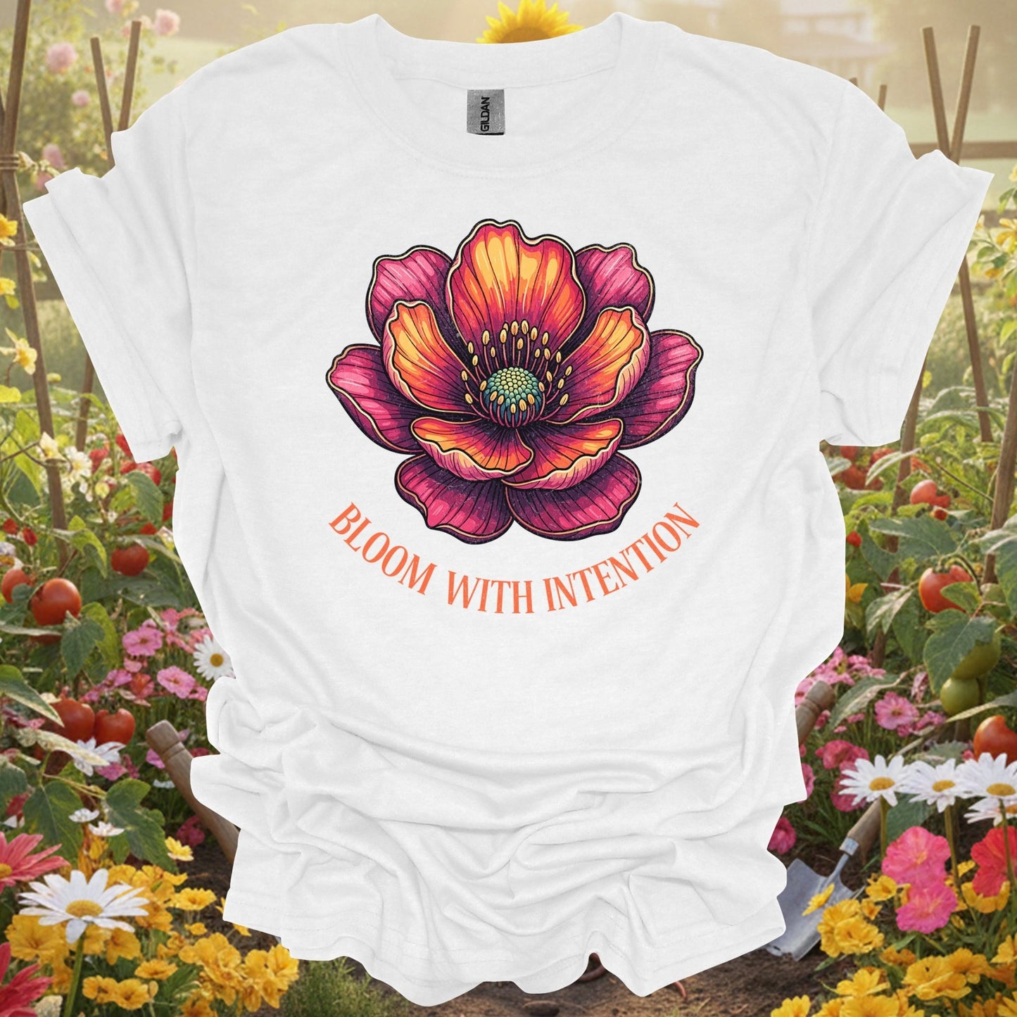 Aesthetic Botanical Mindful Growth Distressed "Bloom With Intention" Vibrant Flower T-Shirt - GardeningTshirts