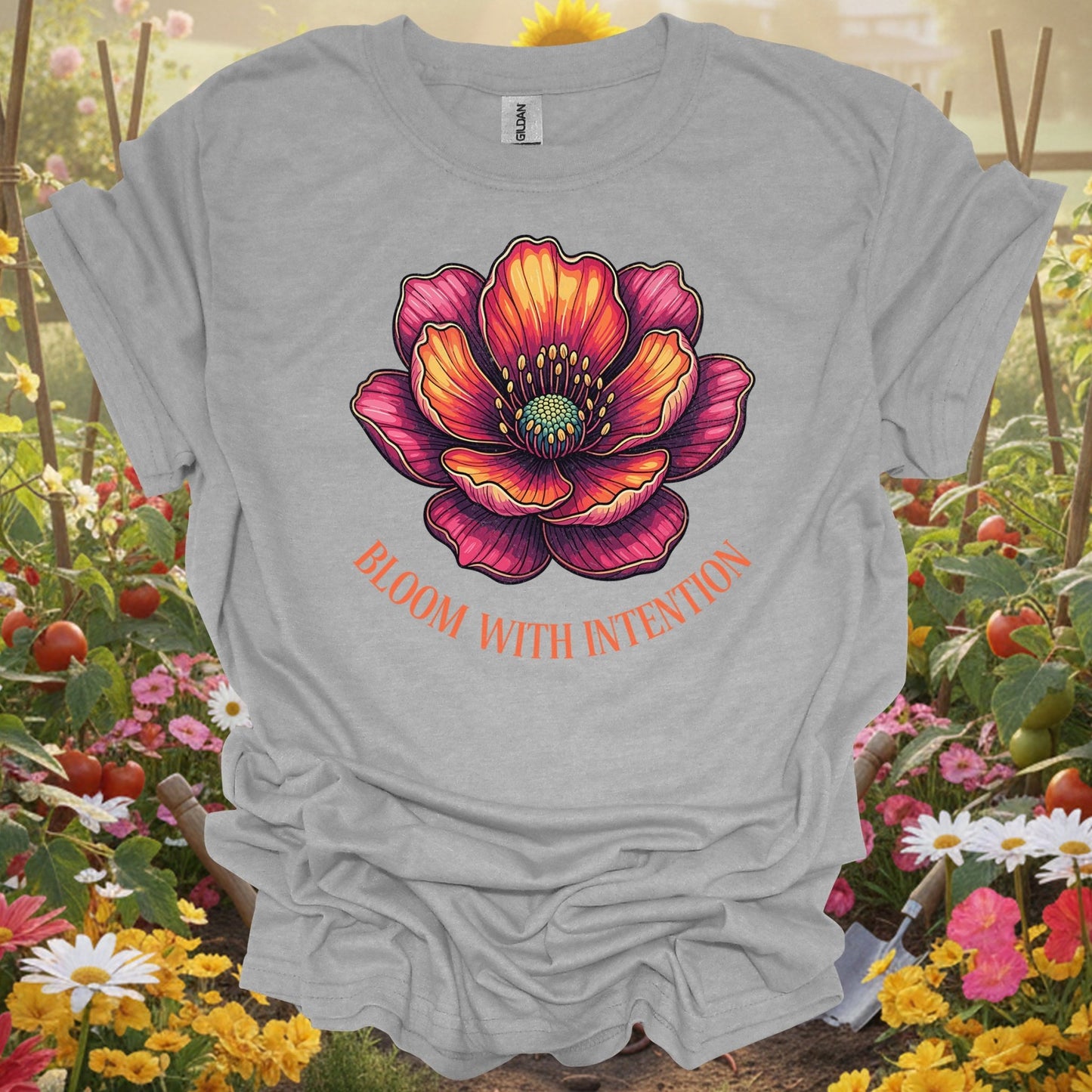 Aesthetic Botanical Mindful Growth Distressed "Bloom With Intention" Vibrant Flower T-Shirt - GardeningTshirts