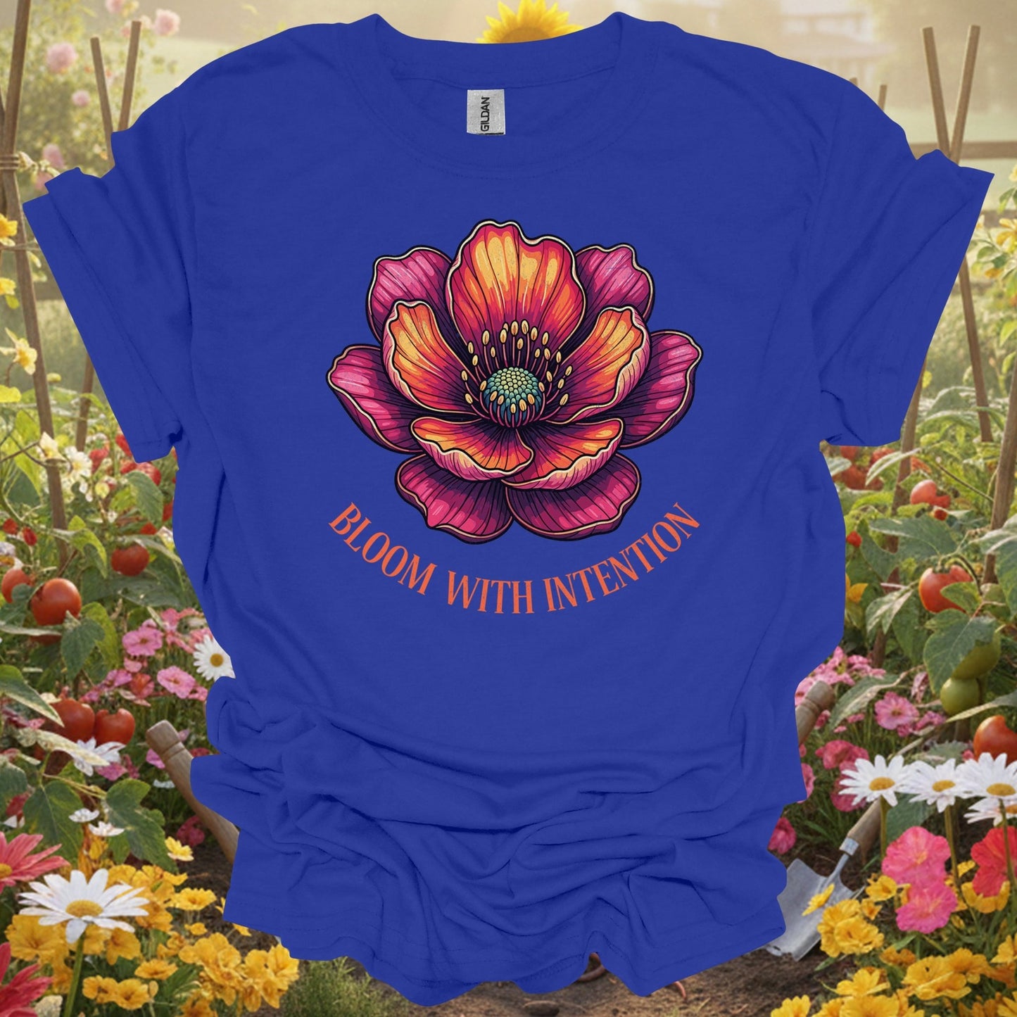 Aesthetic Botanical Mindful Growth Distressed "Bloom With Intention" Vibrant Flower T-Shirt - GardeningTshirts