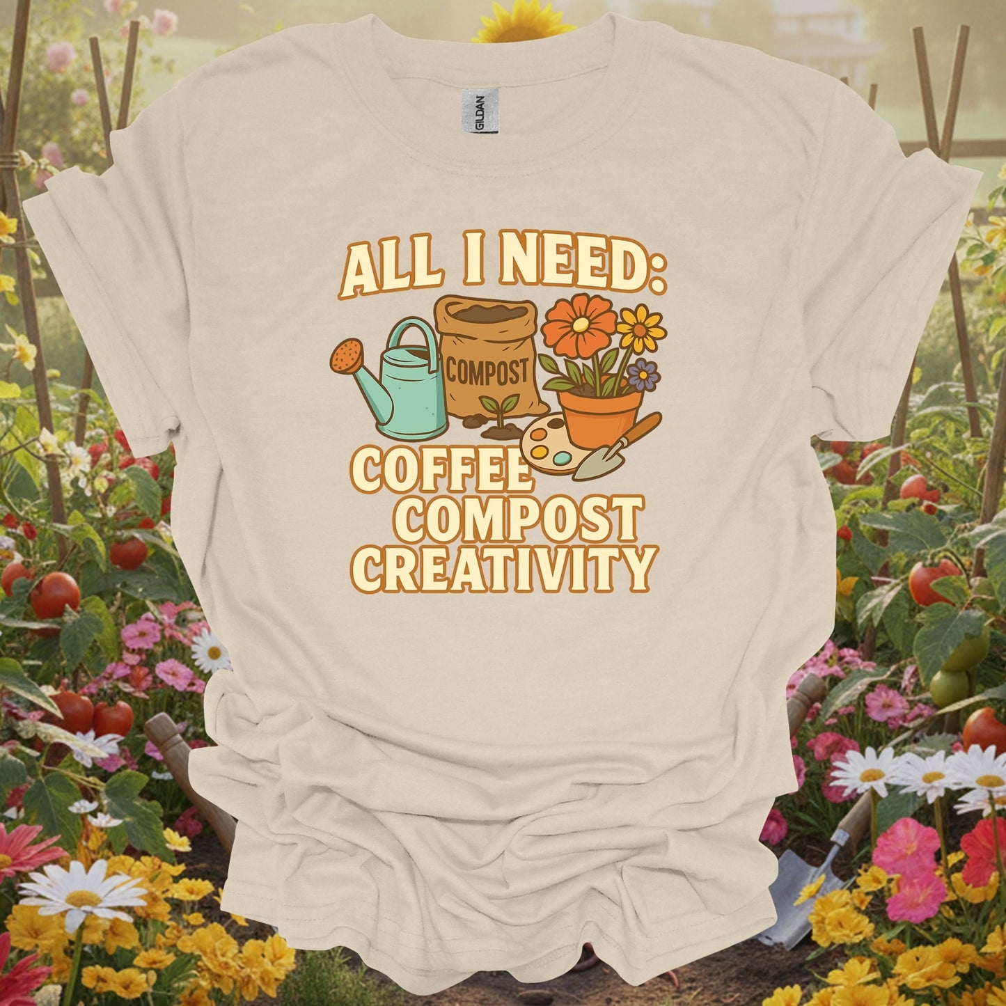 "All I Need: Coffee Compost Creativity" Happy Gardener T-Shirt - GardeningTshirts