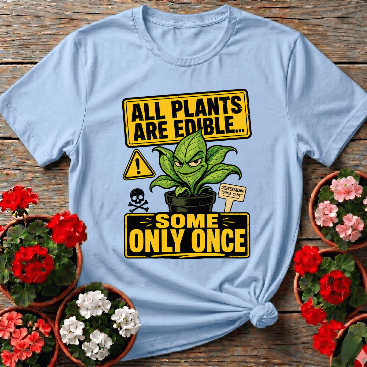 Light Blue graphic-novel style toxic plant shirt with skull and crossbones for curious plant collectors