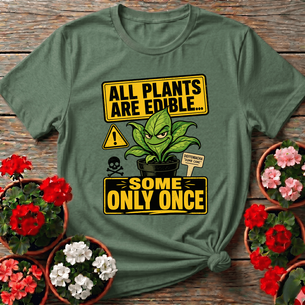 Military Green vintage botanical warning gardening tee with Dieffenbachia "Dumb Cane" design for plant lovers