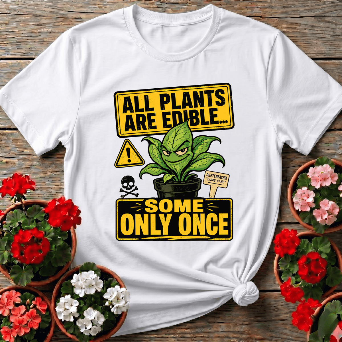 White vintage hazard graphic gardening shirt with Dieffenbachia cartoon for dark humor plant collectors