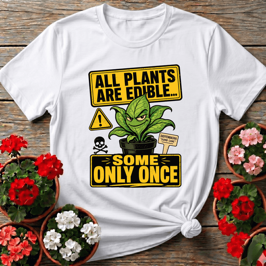 White vintage hazard graphic gardening shirt with Dieffenbachia cartoon for dark humor plant collectors