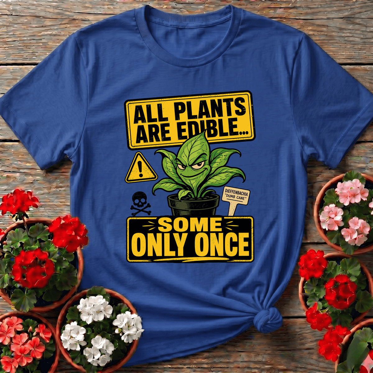 Royal retro warning label plant graphic shirt with mischievous Dieffenbachia design for houseplant enthusiasts