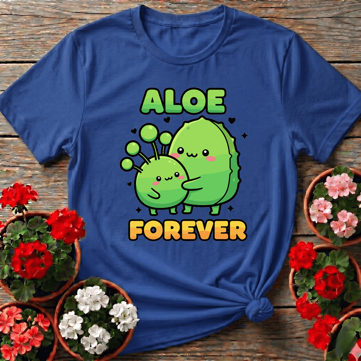 Royal retro-cartoon aloe vera gardening tee with "Aloe Forever" for plant parents