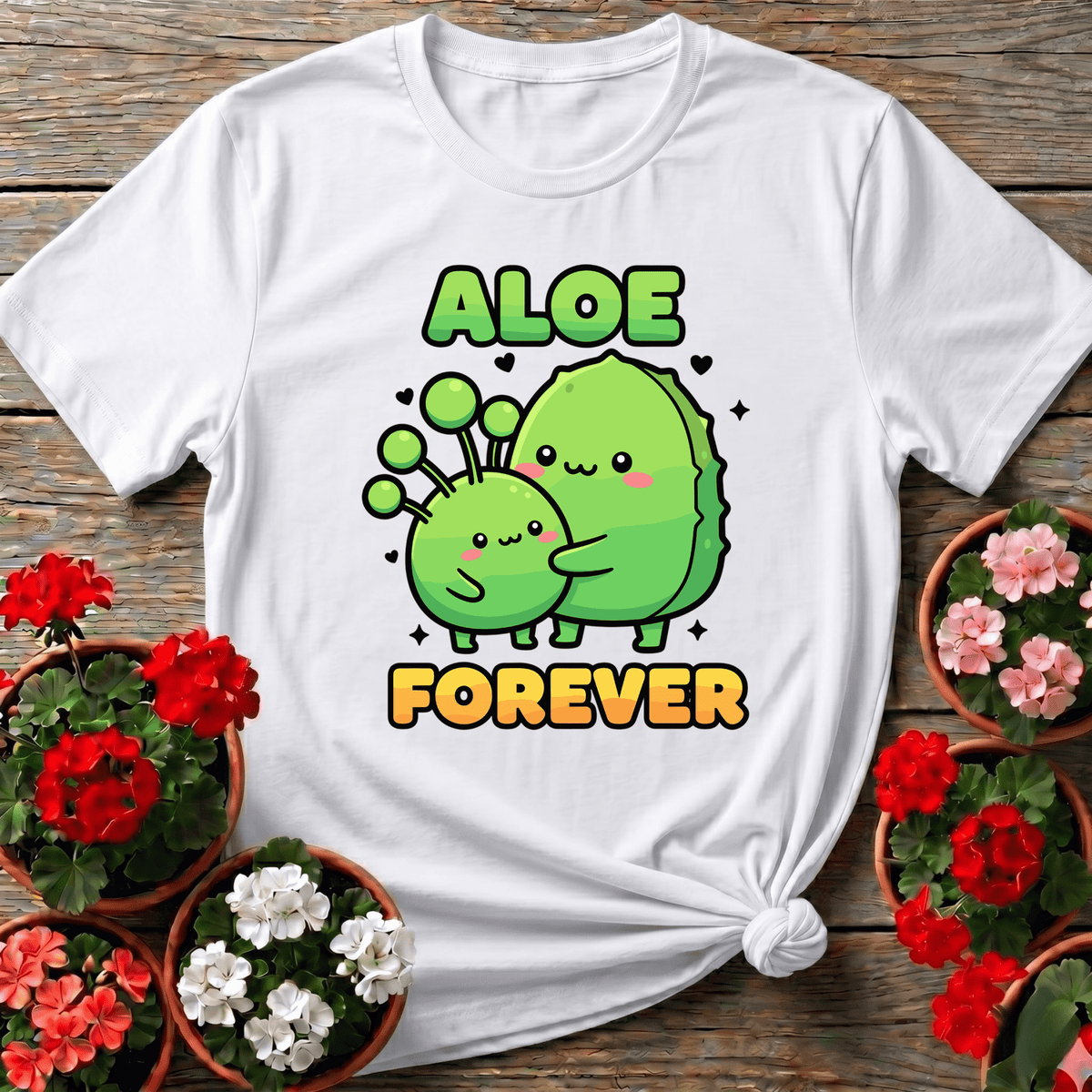 White cute cartoon plant pun t-shirt with "Aloe Forever" for succulent lovers