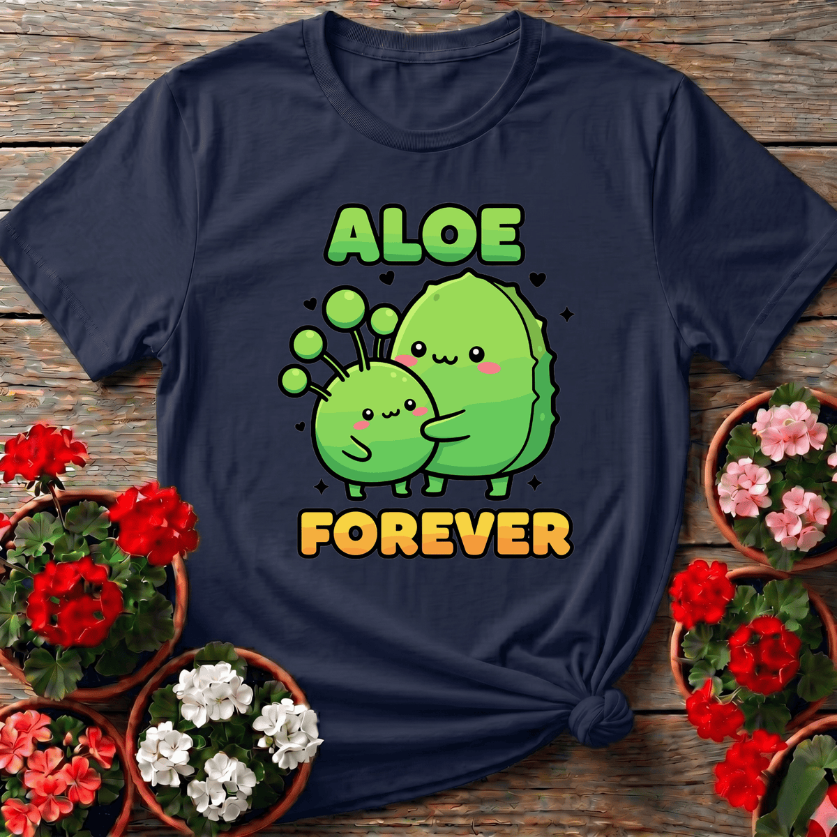 Navy kawaii cottagecore aloe hug shirt with "Aloe Forever" for houseplant enthusiasts