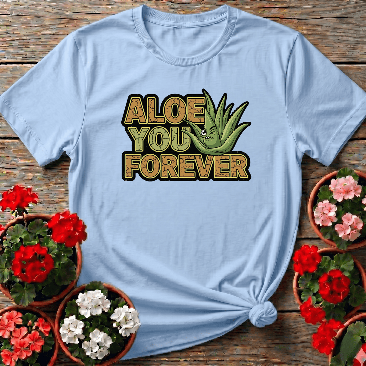 Light Blue earthy illustrated aloe vera top with "Aloe You Forever" for plant gift giving