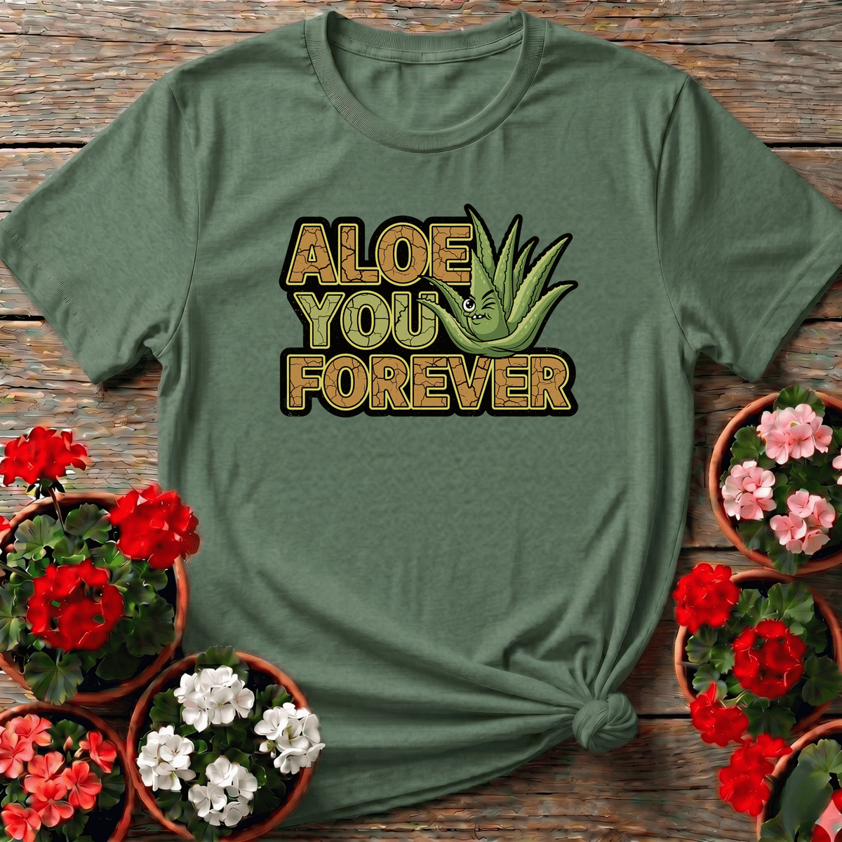 Military Green vintage-style succulent graphic gardening shirt with "Aloe You Forever"