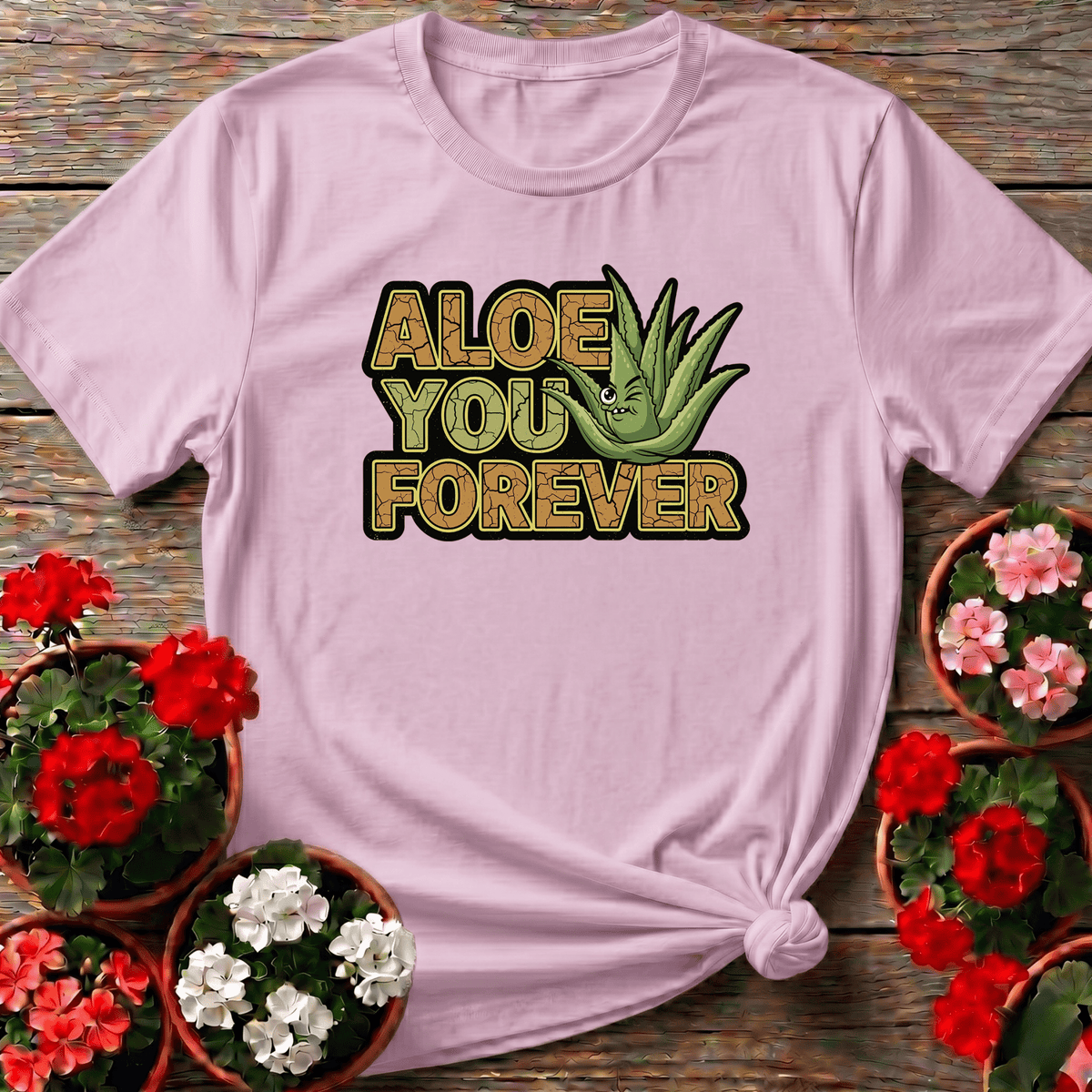 Light Pink playful retro aloe vera shirt with "Aloe You Forever" for succulent enthusiasts