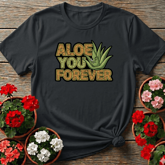 Black retro cartoon aloe vera gardening tee with "Aloe You Forever" for succulent lovers