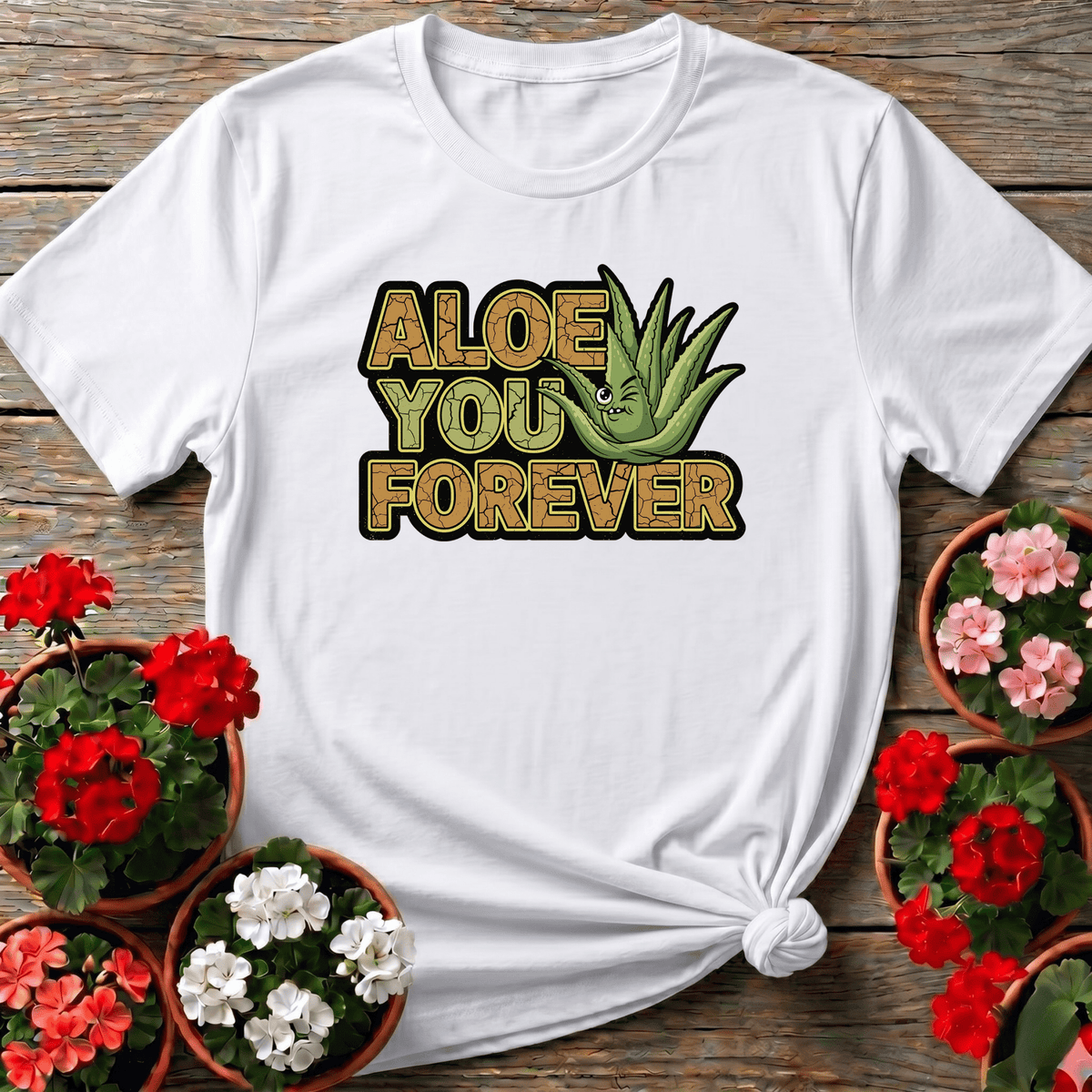 White playful cracked-earth lettering aloe vera shirt with "Aloe You Forever" for plant enthusiasts