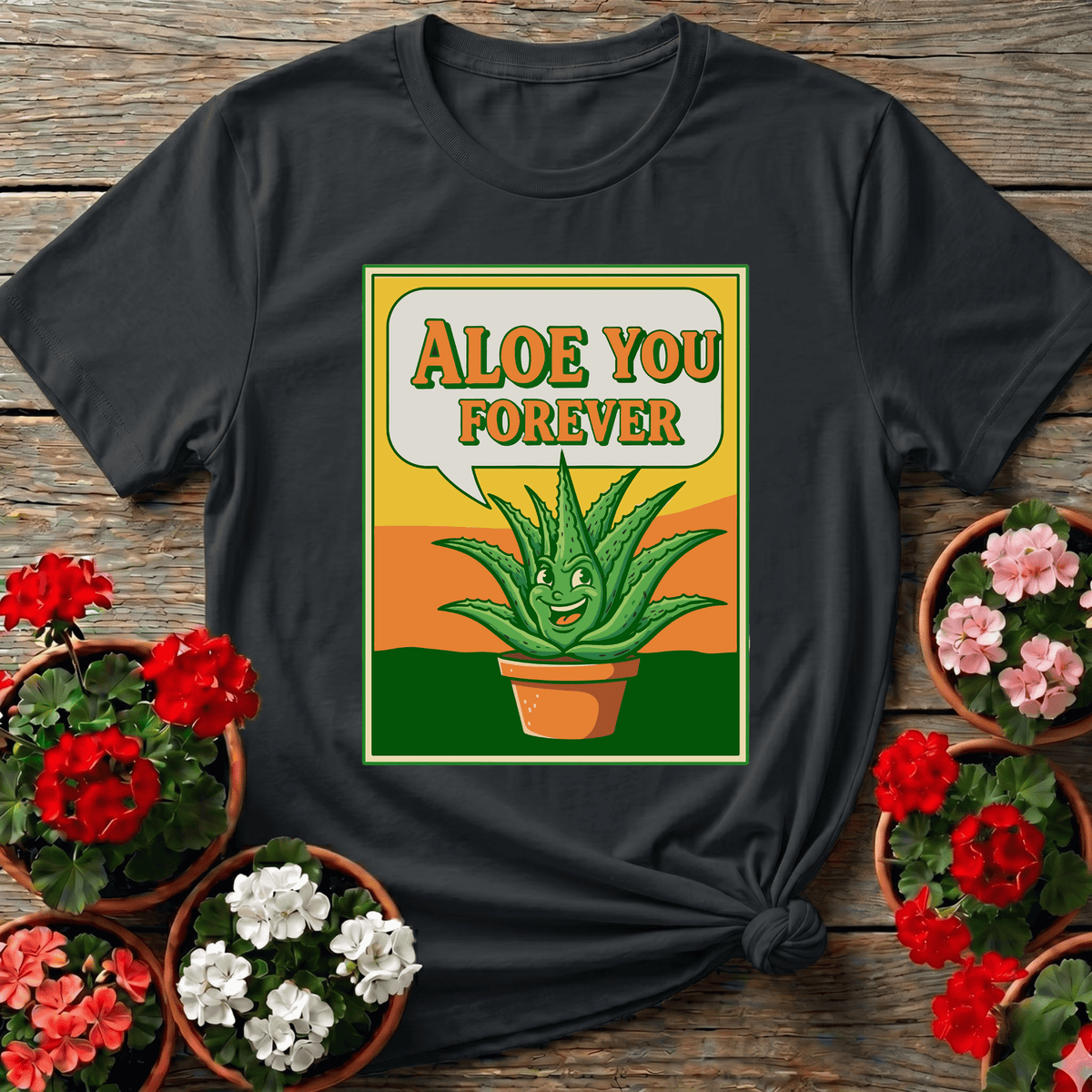 Black retro cartoon aloe vera gardening tee with "Aloe You Forever" for houseplant lovers