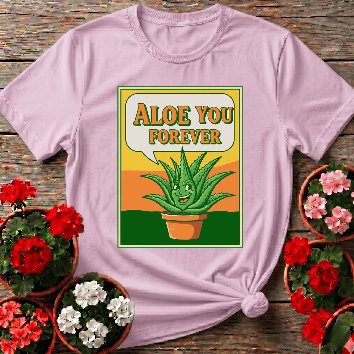 Light Pink groovy cartoon aloe vera t-shirt with "Aloe You Forever" for houseplant gift giving