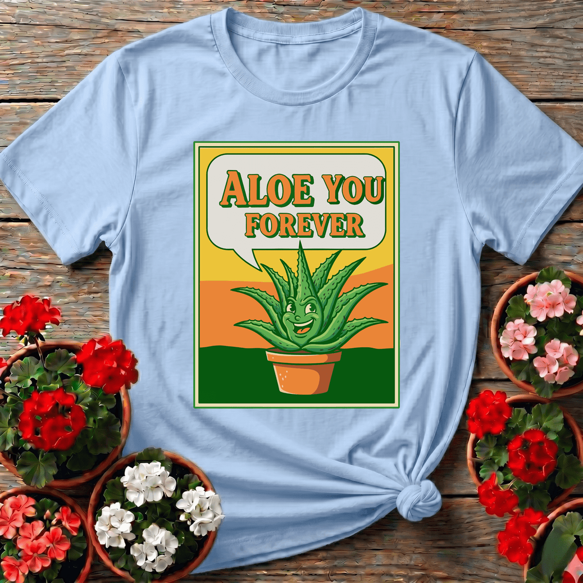Light Blue vintage sunset aloe vera shirt with "Aloe You Forever" for funny plant pun fans