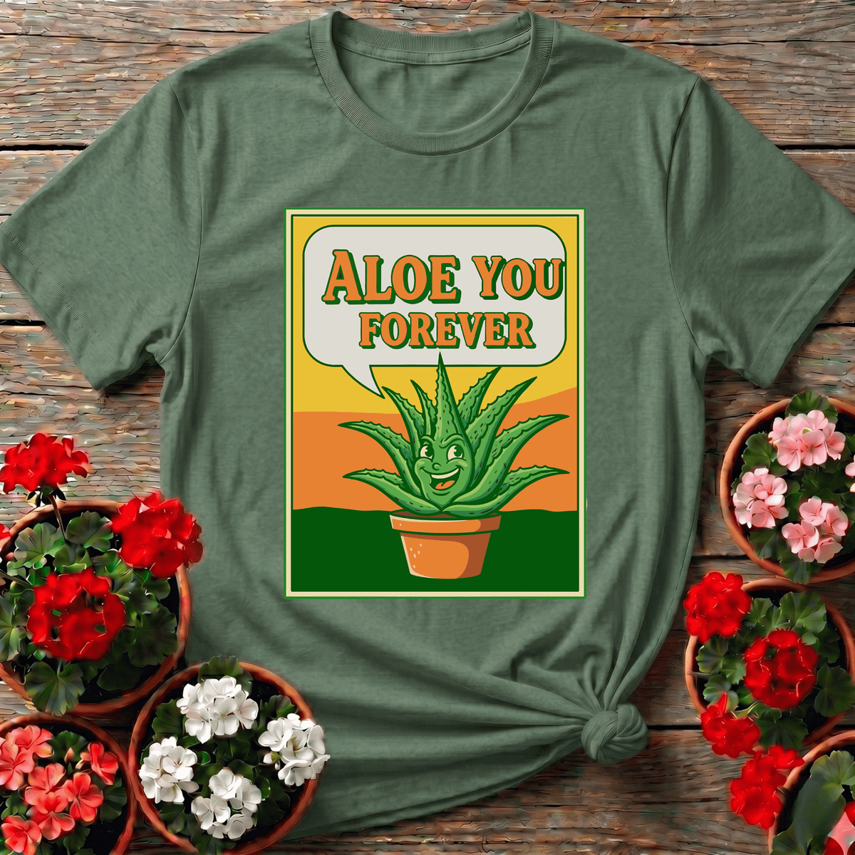 Military Green retro botanical aloe vera gardening tee with "Aloe You Forever" for plant lovers