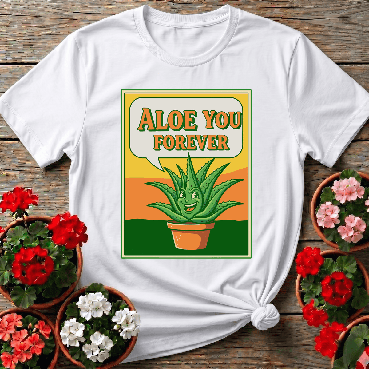White vintage poster style aloe vera t-shirt with "Aloe You Forever" for succulent collectors