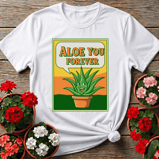 White vintage poster style aloe vera t-shirt with "Aloe You Forever" for succulent collectors