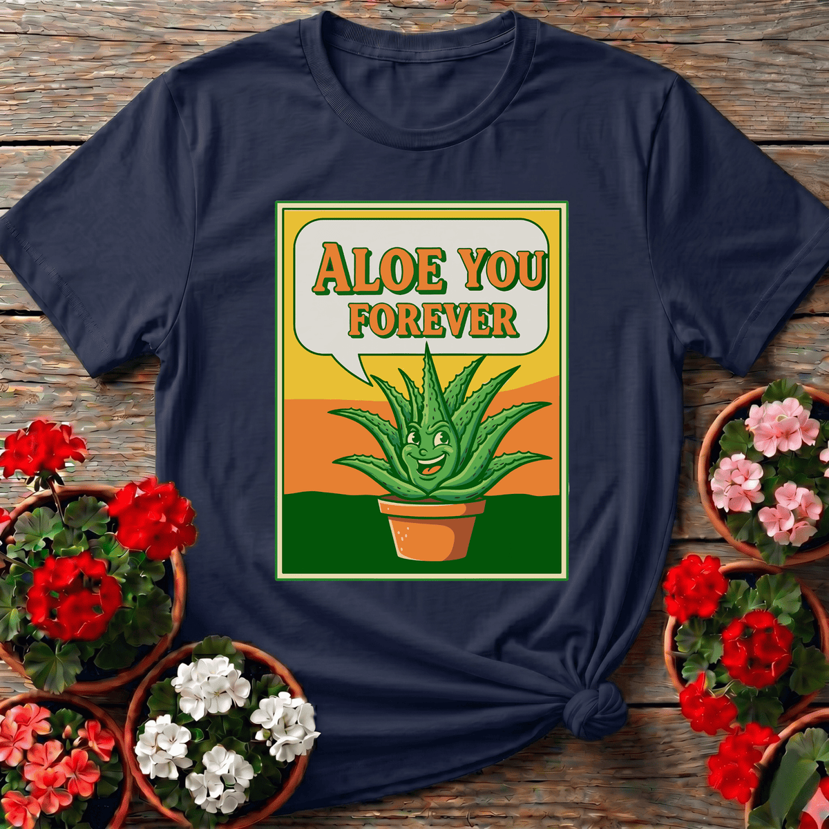 Navy groovy retro aloe vera gardening shirt with "Aloe You Forever" for plant lovers