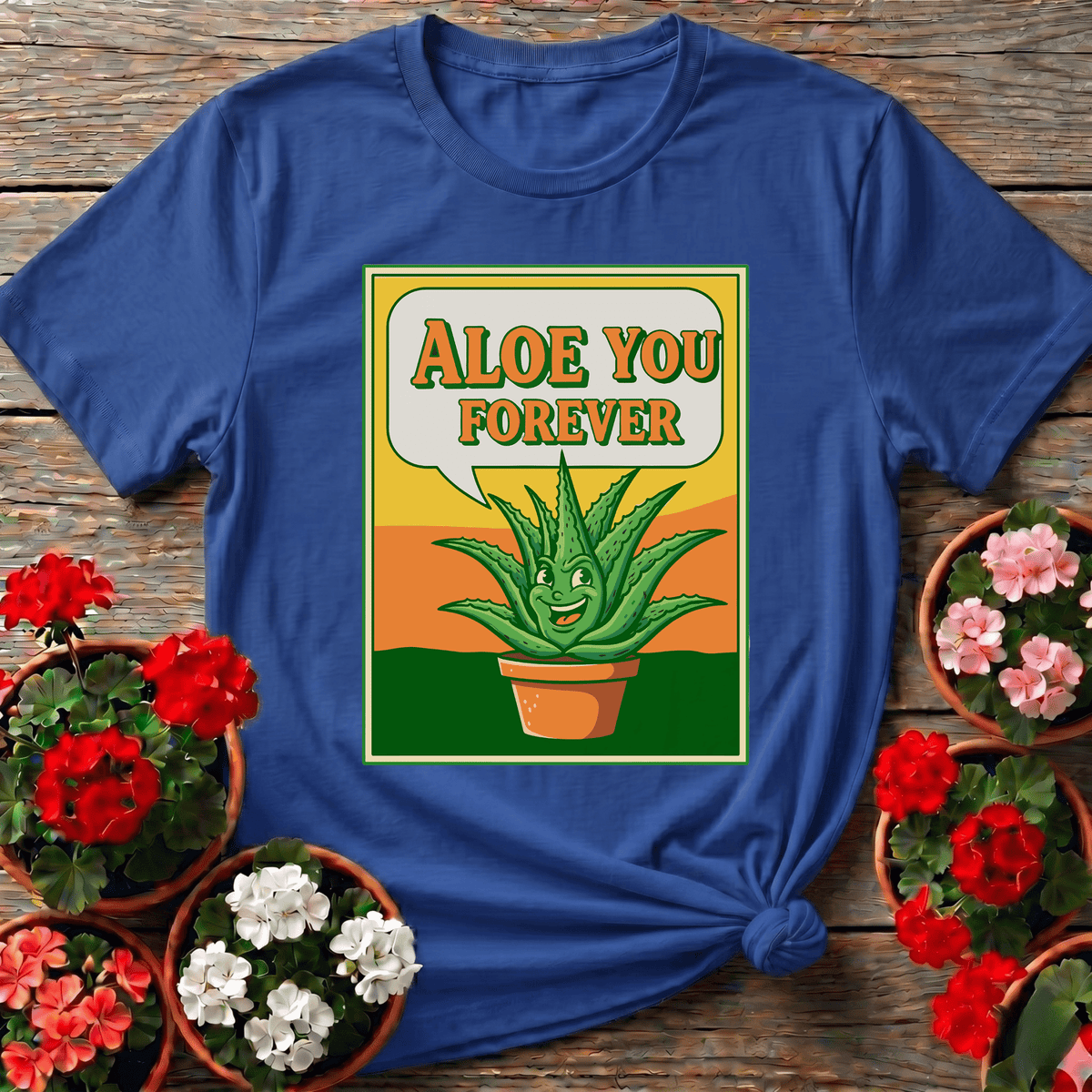 Royal retro illustrated aloe vera tee with "Aloe You Forever" for cottagecore plant enthusiasts