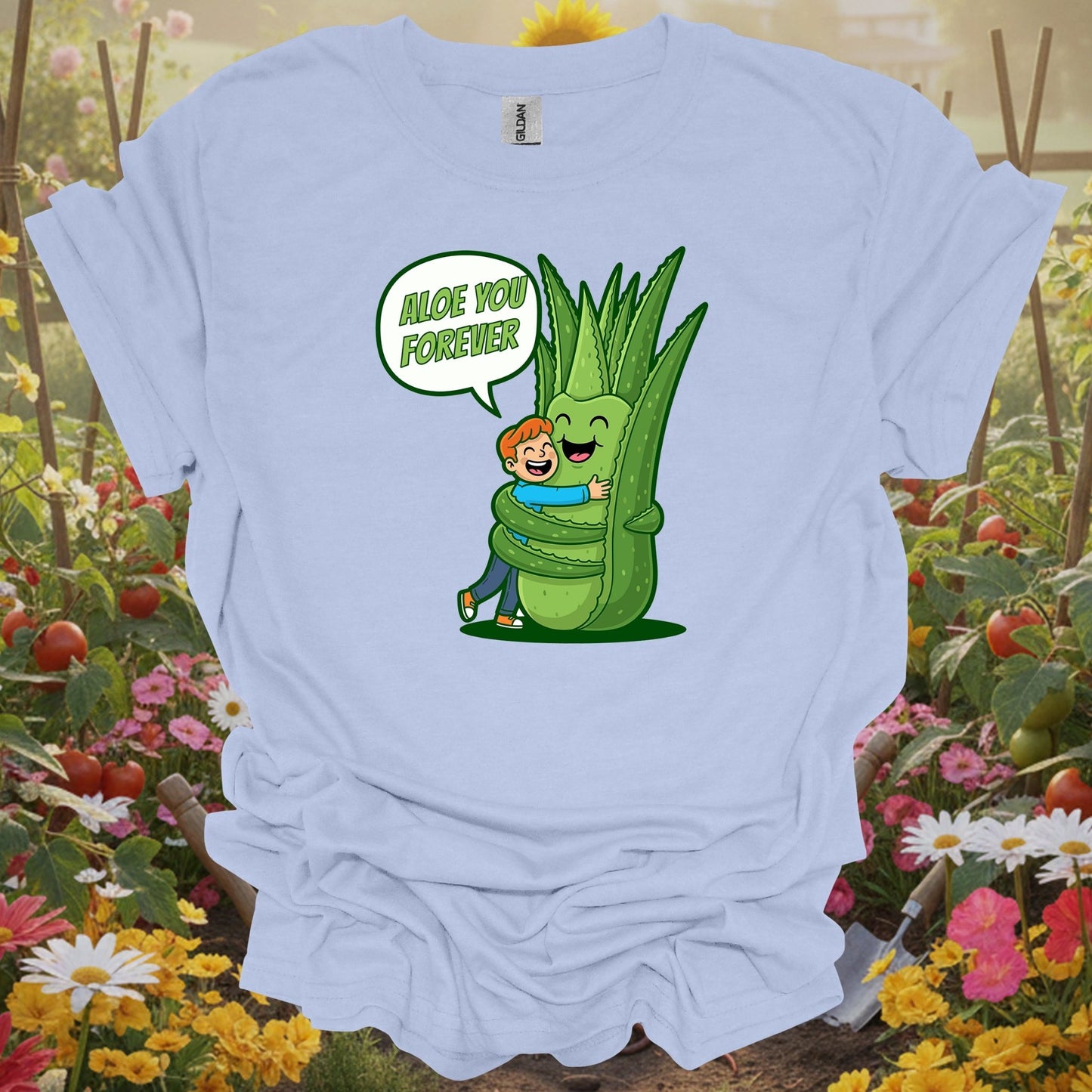 Light Blue shirt showing aloe you forever funny pun succulent for people with gardening wit