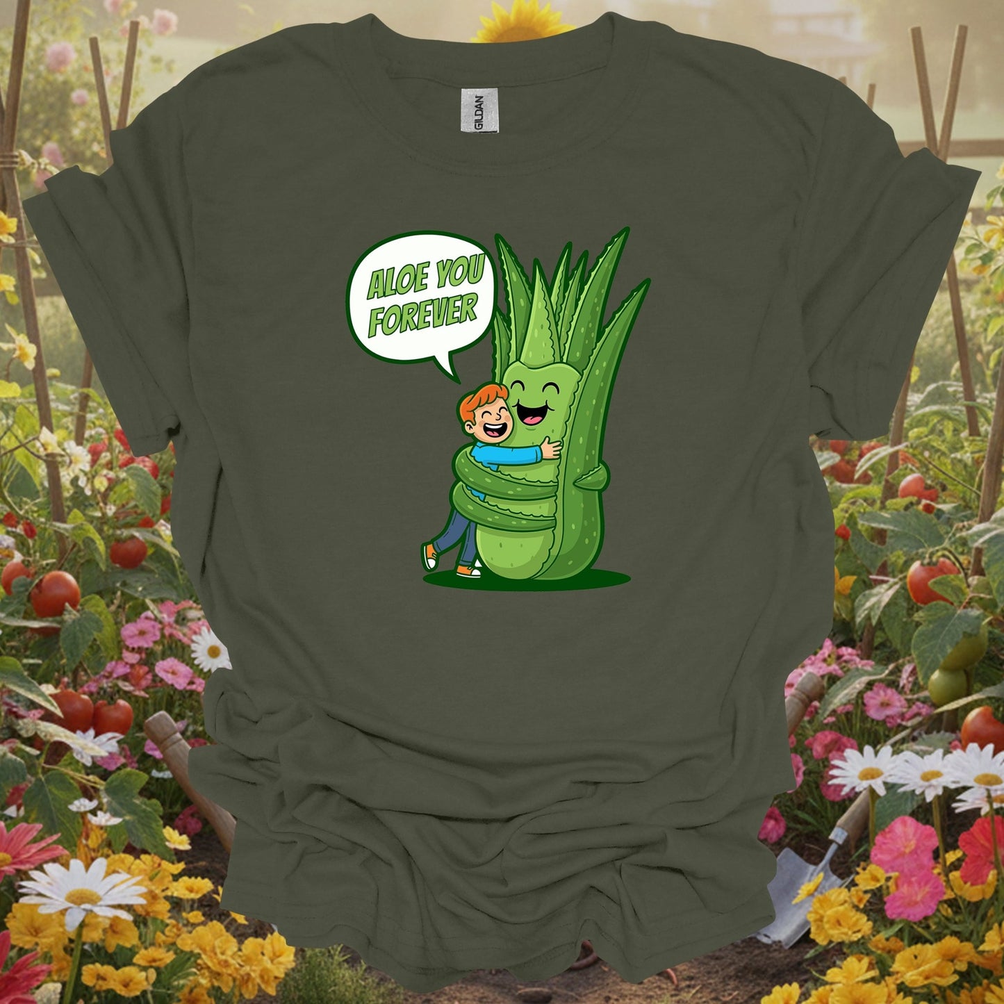 Military Green top showing aloe you forever funny pun succulent for humorous gardeners