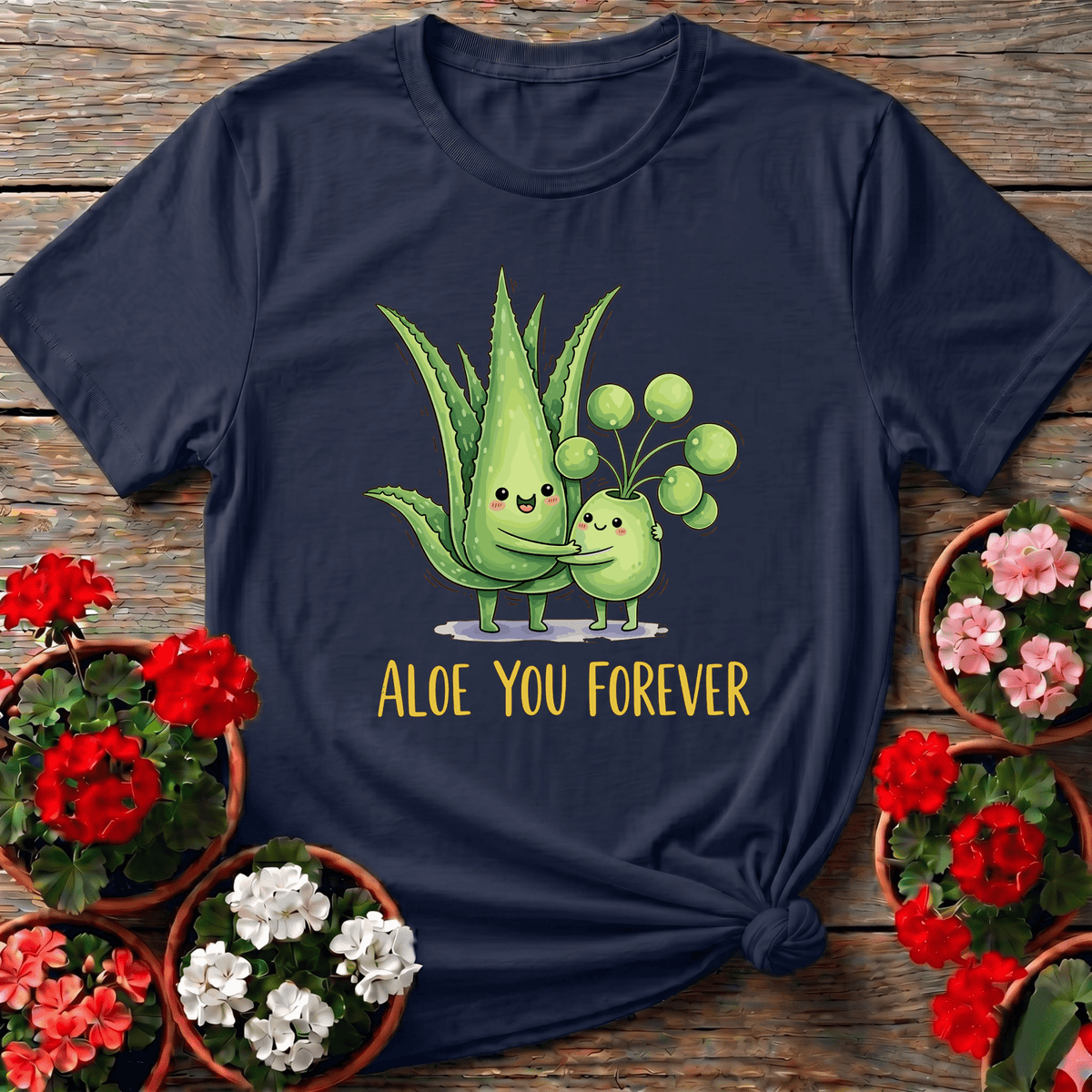 Navy kawaii hugging aloe vera shirt with "Aloe You Forever" for plant parents who love a good pun