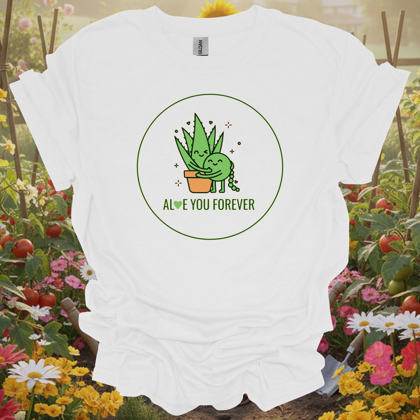 White tee using a playful narrative layout to show a charming plant embrace and sweet botanical quote for succulent collectors