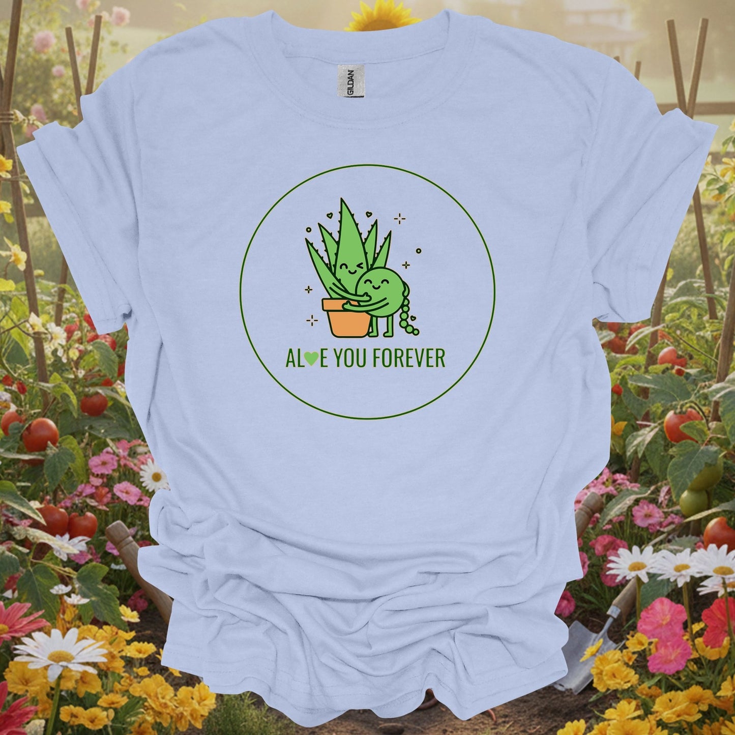 Light Blue tee with a vibrant green aesthetic illustration of a sweet plant embrace and botanical pun for succulent collectors