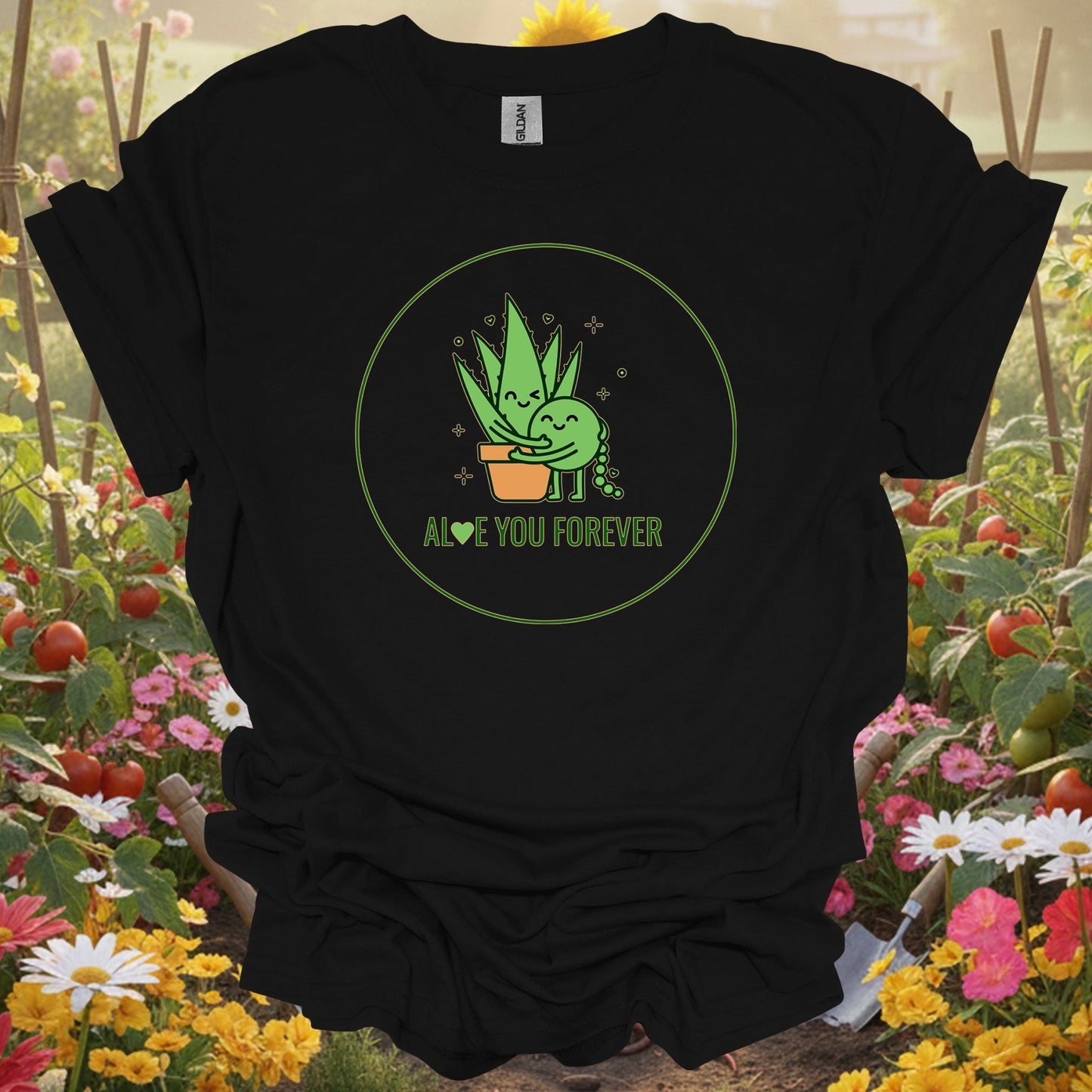 Black shirt with a detailed intentional cultivation theme featuring a charming aloe plant hug for houseplant parents
