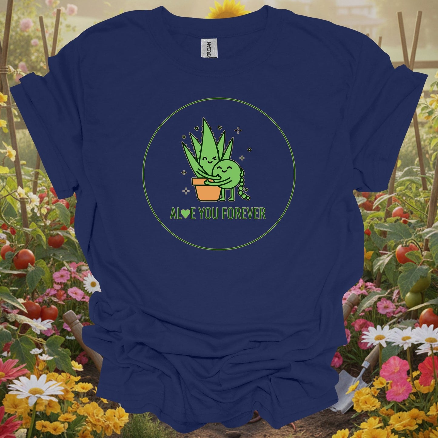Navy shirt capturing a sense of nostalgic garden warmth through a charming storybook plant hug for mindful gardeners