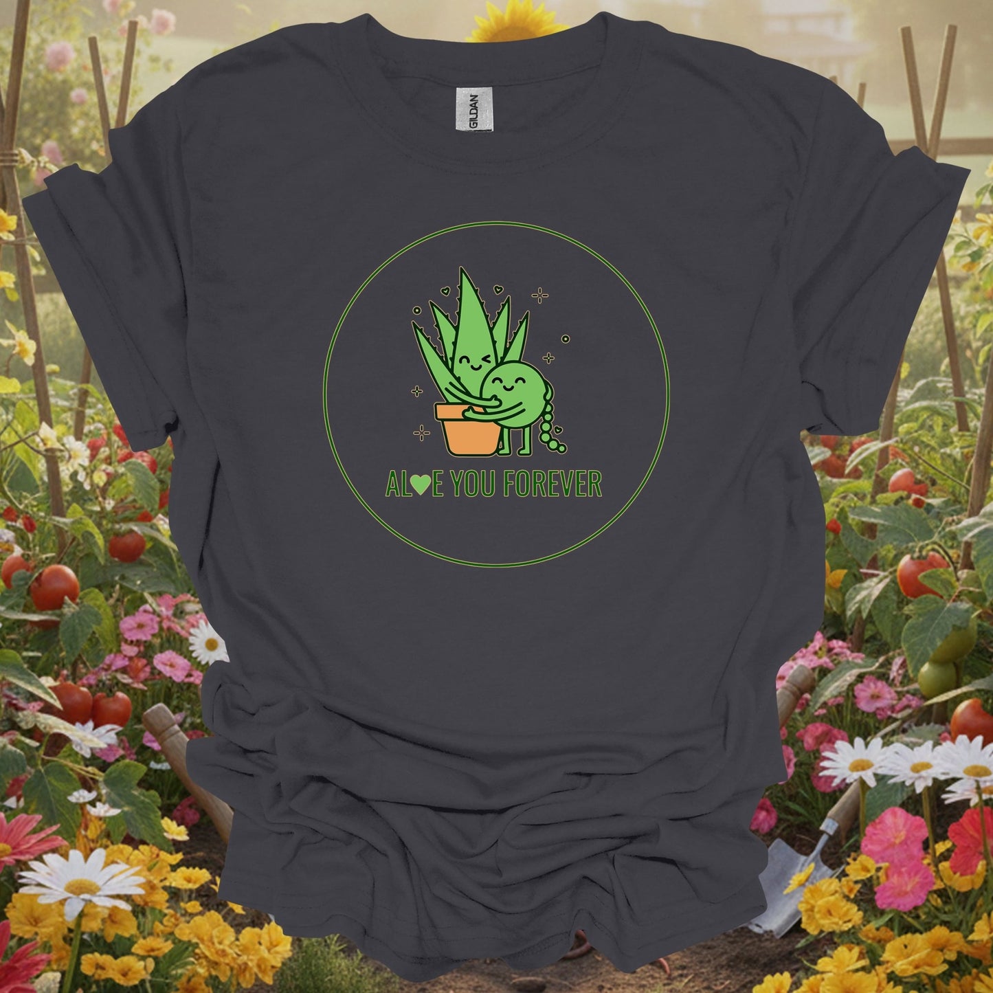 Charcoal tshirt showing a cute modern storybook aloe plant hugging a string of pearls with Aloe You Forever for houseplant parents
