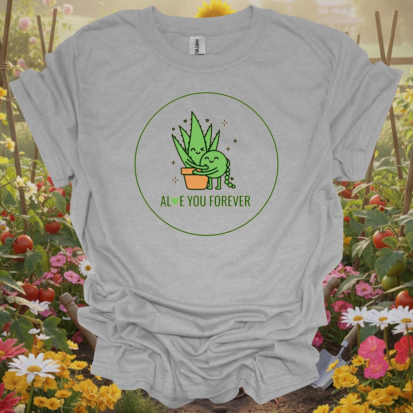 Sport Gray top showcasing retro-inspired storybook charm with a playful illustration of an aloe plant hug for hobby farmers
