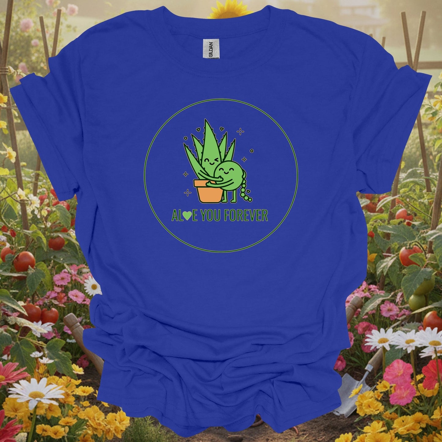 Royal T-shirt with sophisticated hand-drawn art of a hugging aloe plant and a lighthearted pun for cottage garden enthusiasts