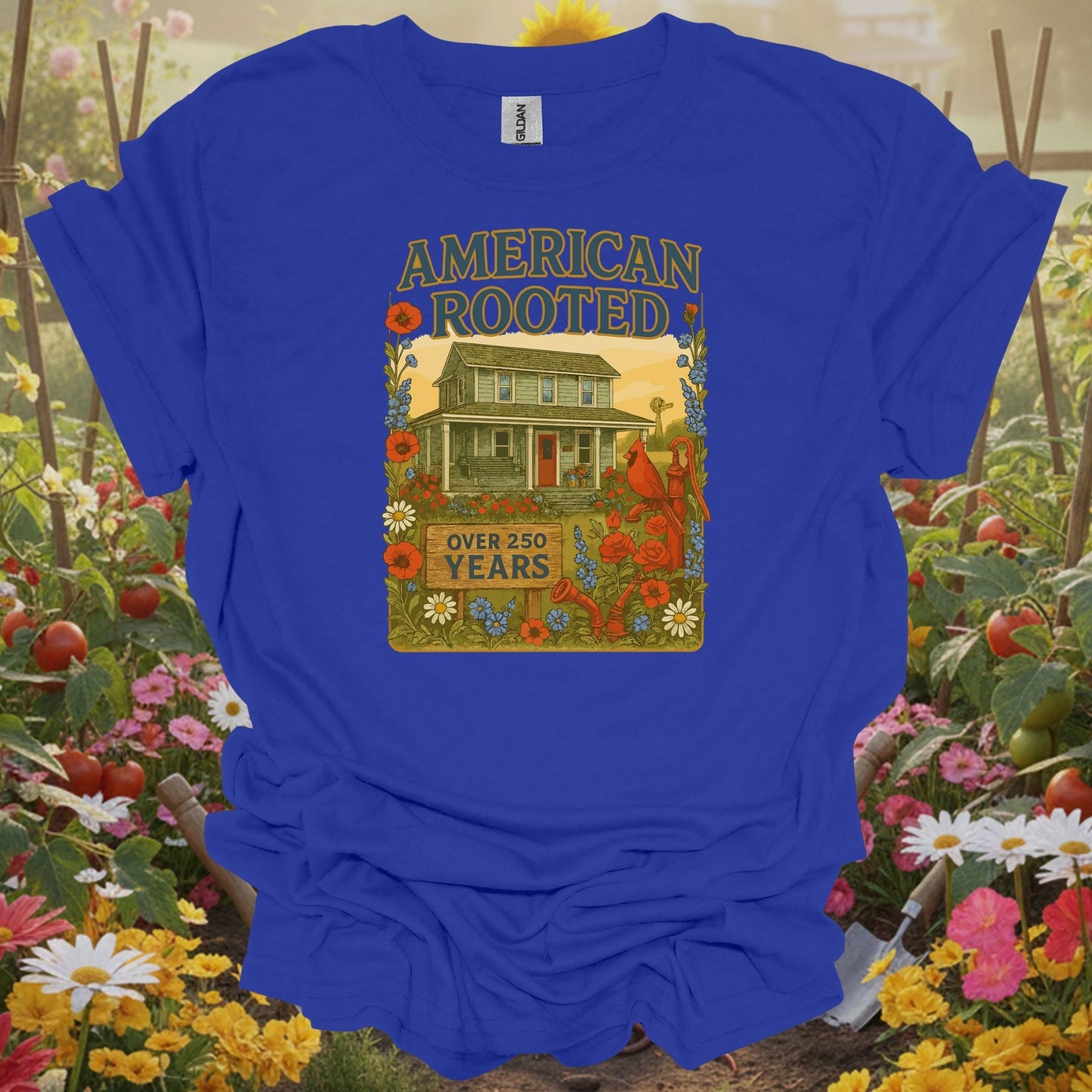 Royal T-shirt with sophisticated hand-drawn art of a vintage farmhouse and floral border for cottage garden enthusiasts.