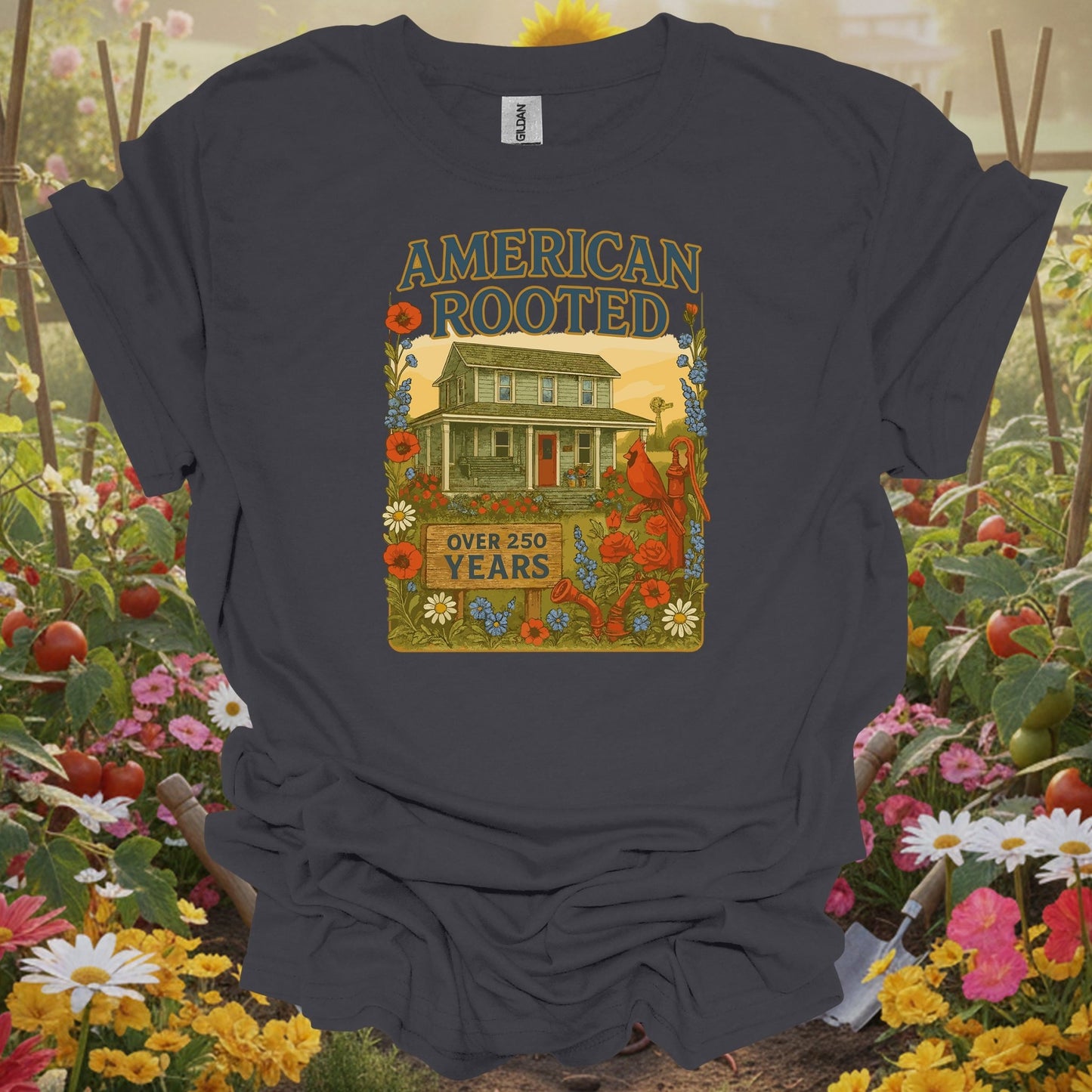 Charcoal tshirt showing a classic green farmhouse and blooming garden with American Rooted for heritage gardeners.