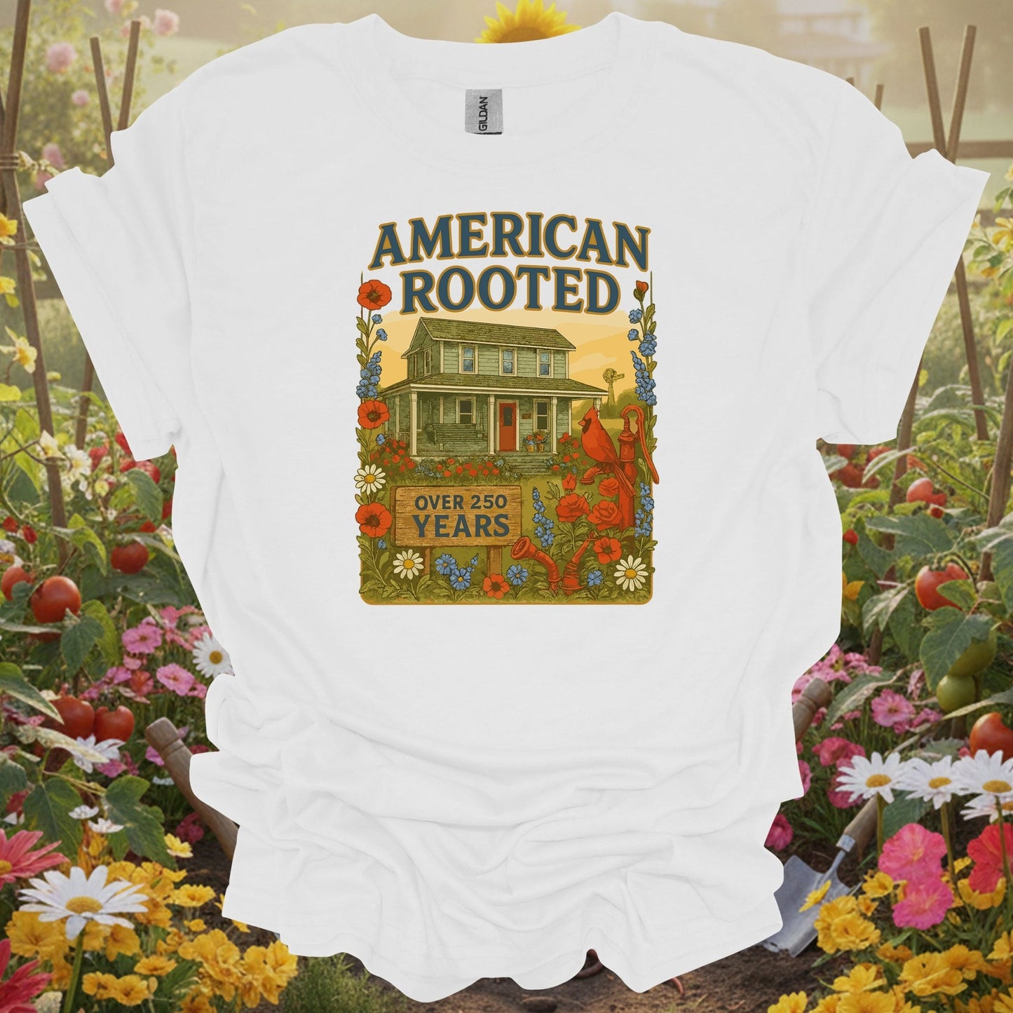White tee using a playful narrative layout to show a blooming heritage garden and home for heritage gardeners.