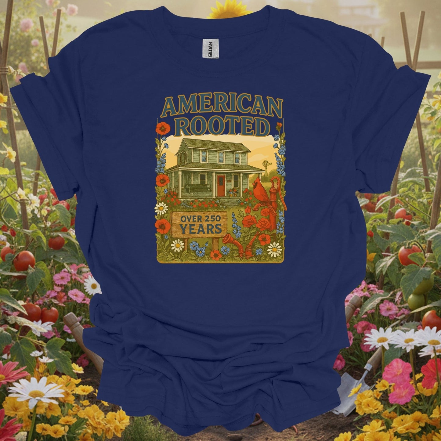 Navy shirt capturing nostalgic garden warmth with a charming storybook home and garden for mindful growers.