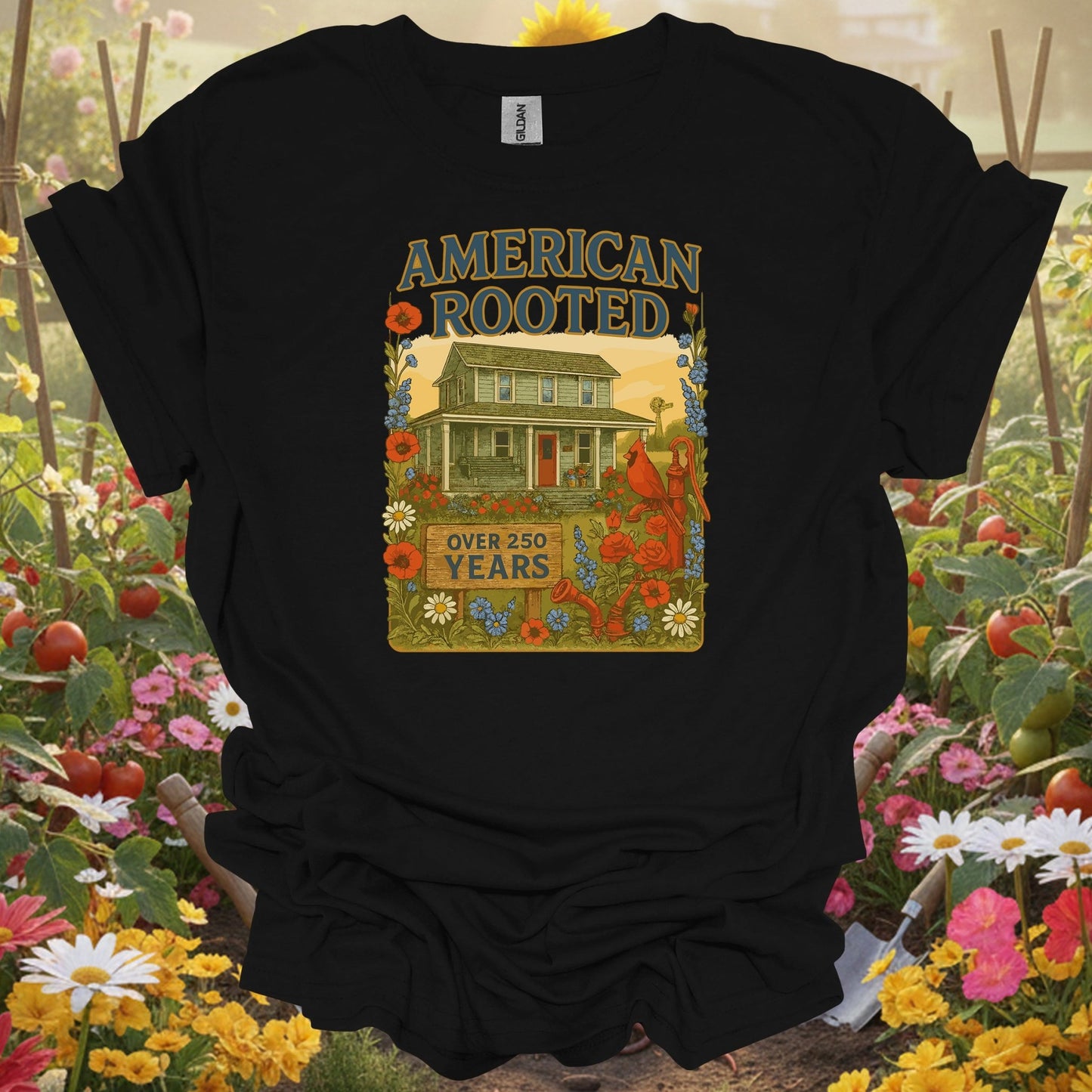 Black shirt with a detailed intentional cultivation theme featuring a historic farmhouse for multi-generational farmers.
