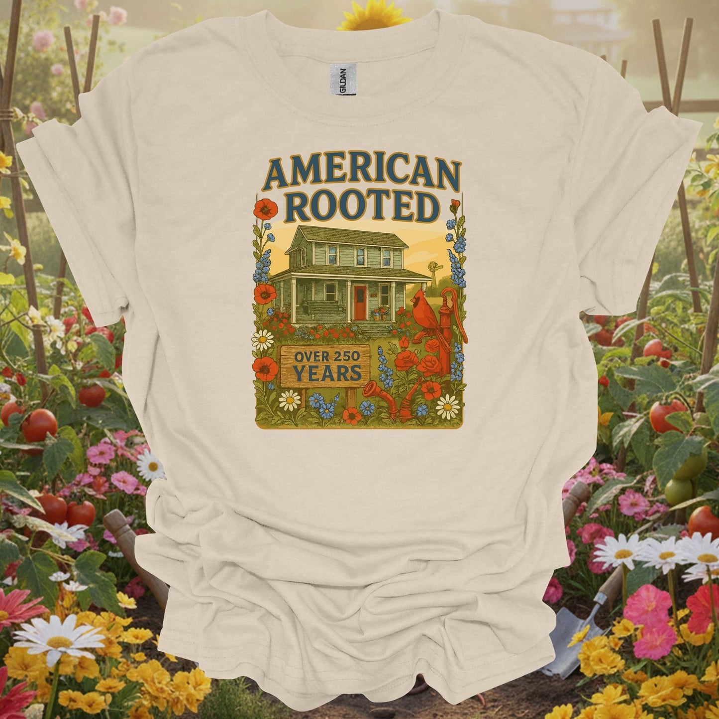 Natural top with an earthy vibe storybook art piece showing a 250 year legacy farmhouse for cottage garden enthusiasts.