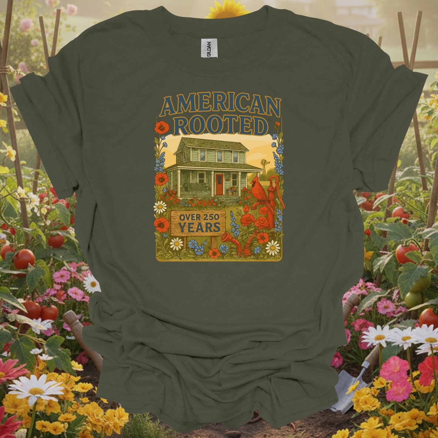 Military Green gardening tee with a balanced layout of a classic country home and flowers for mindful growers.