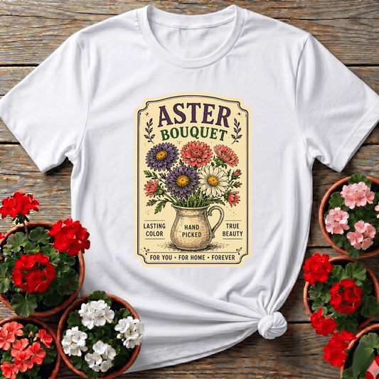White cottagecore botanical aster bouquet shirt with vintage label illustration for flower garden lovers